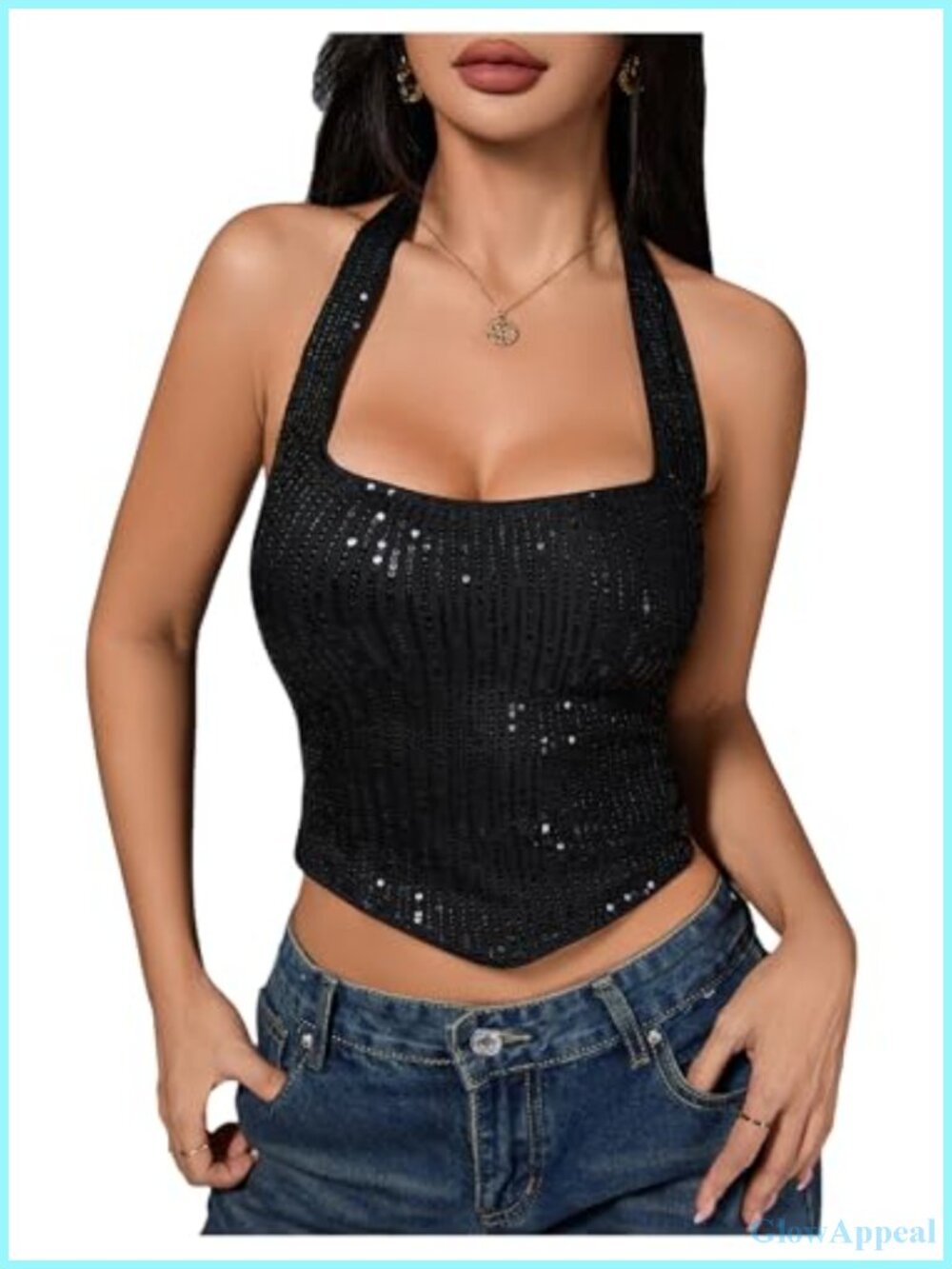 Sequin Sparkly Halter Crop Top Backless Party Tank